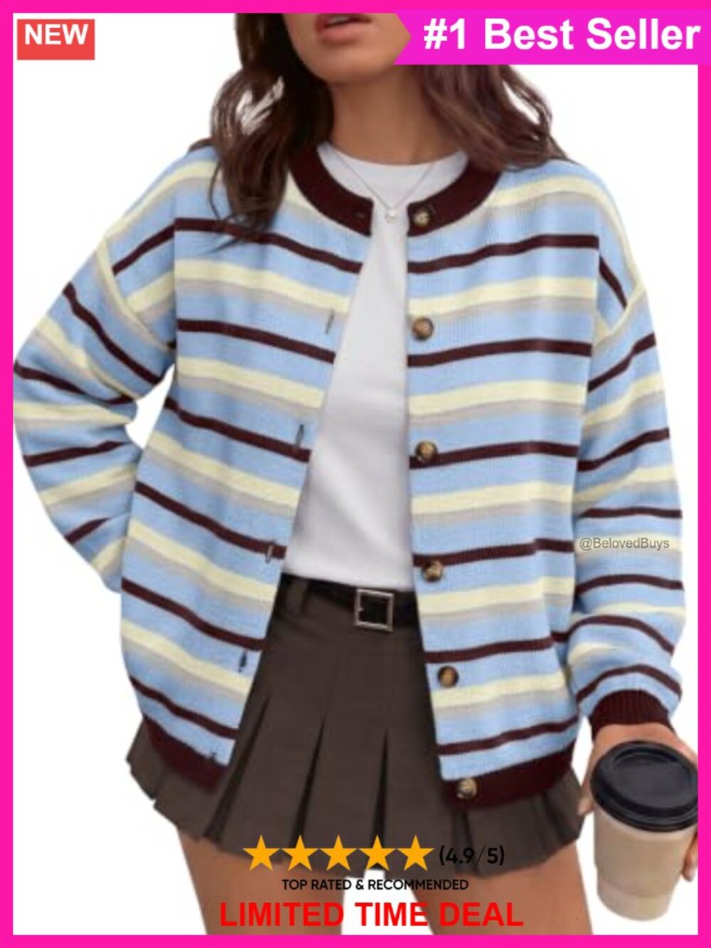 Striped Cardigan Sweater Cotton Acrylic Crew Neck Button Front